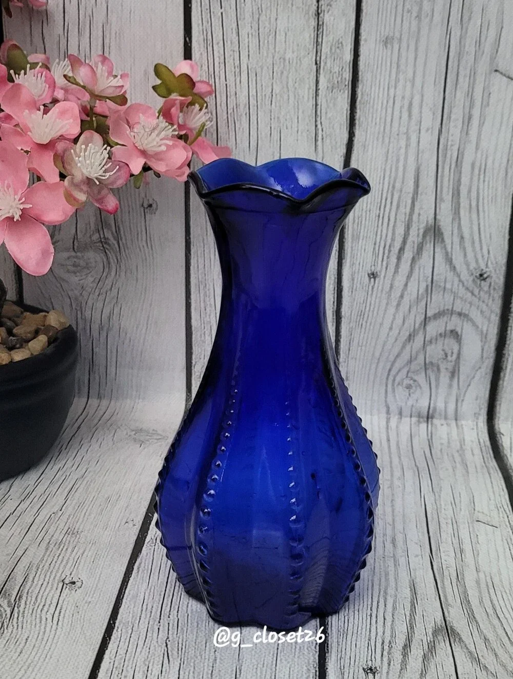 Vintage Indiana Glass Cobalt Blue Beaded Rib Vase with Ruffled Rim